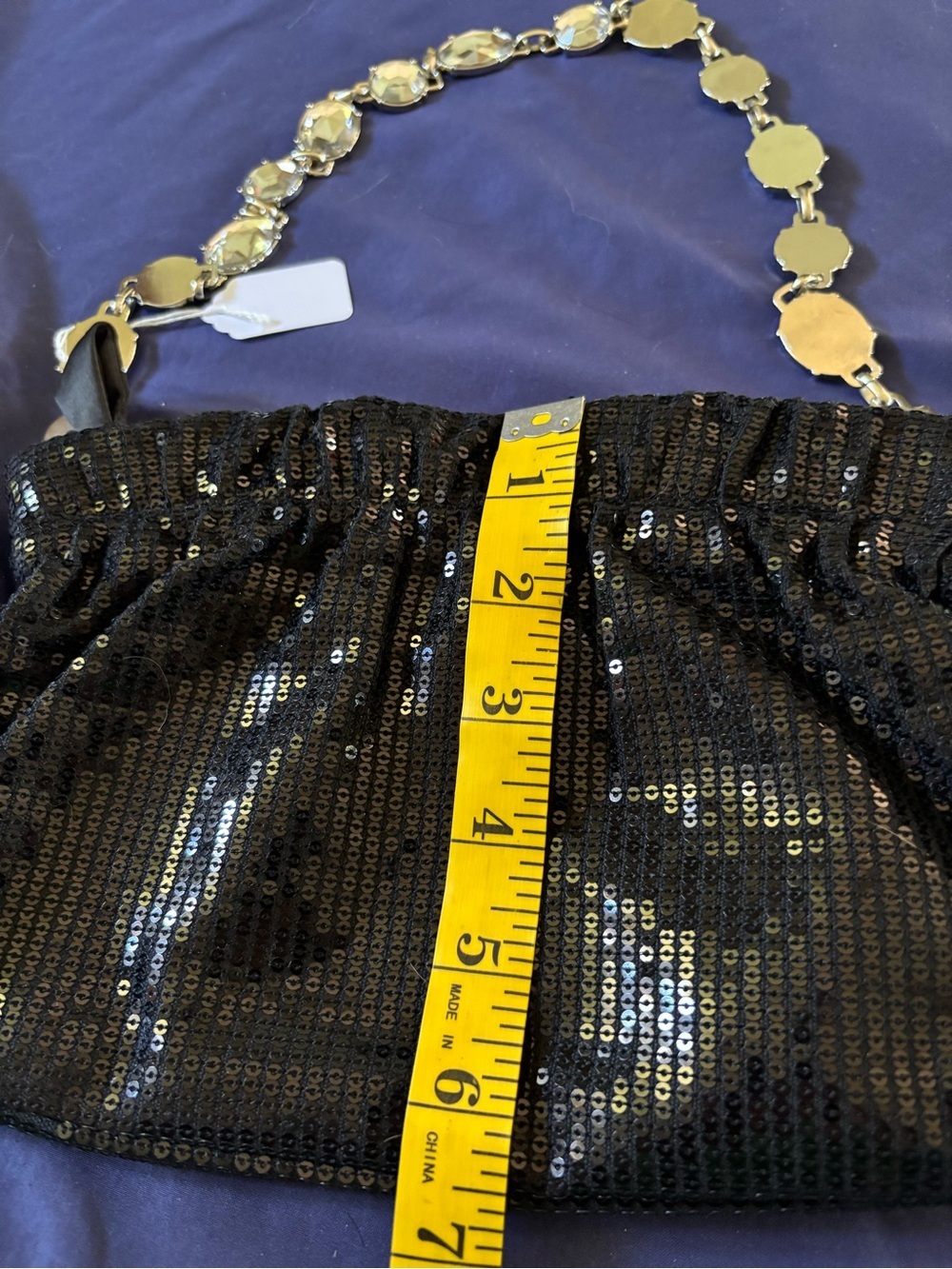 White House Black Market Black Sequin Clutch with Crystal Chain - Picture 8 of 12